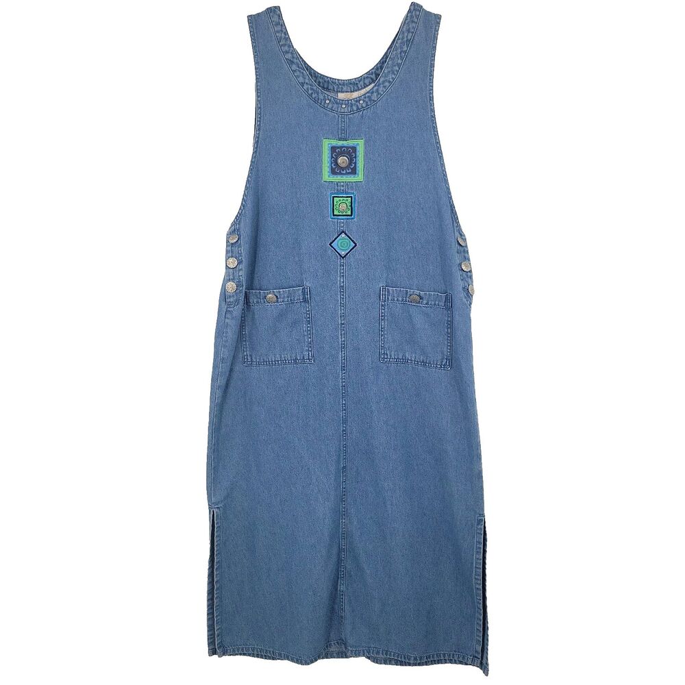 T R Bentley Womens Denim Jumper Dress Size Large Side Slits Pockets 100% Cotton